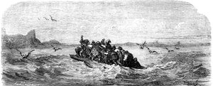 Sindbad de zeeman (Sinbad) - verhaal van de duizend en één (1001) nachten - illustratie door Gustave Dore - editie Maxwell 1865 - Derde reis: Sindbad en zijn metgezellen varen op een vlot door Gustave Dore