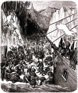 Sindbad de zeeman (Sinbad) - verhaal van de duizend en één (1001) nachten - illustratie door Gustave Doré - Derde reis: een storm werpt het schip van Sindbad en zijn metgezellen op een eiland waar ze worden aangevallen door een menigte kleine en afschuweli door Gustave Dore