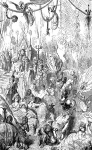 Sindbad de zeeman - verhaal van de duizend-en-een-nacht - illustratie door Gustave Doré - Maxwell editie 1865 - Zesde reis - deze gravure kan het hof van de koning van Serendib of dat van de kalief Haroun al-Rashid voorstellen door Gustave Dore