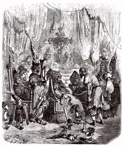 Sindbad de zeeman - verhaal van de duizend-en-een-nacht - illustratie door Gustave Doré - Maxwell editie 1865 - Proloog: een arme drager (Hinbad) presenteert zich voor Sindbad, die oud en rijk is geworden. Deze laatste zal zijn avonturen vertellen door Gustave Dore