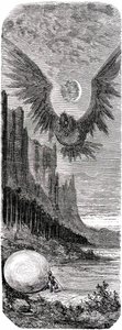 Sindbad de zeeman - verhaal van de duizend-en-een-nachten - illustratie door Gustave Doré - editie Maxwell 1865 - Tweede reis: Sindbad ontdekt een enorm ei van de gigantische vogel Roc en wordt aangevallen door deze gigantische vogel.