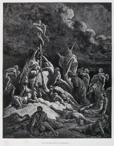 Dus maakte Mozes een bronzen slang en zette die op een paal. Numeri 21:7, Illustratie uit de Dore Bijbel