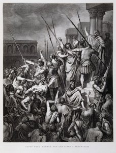 St. Paulus aangevallen door de Joden van Jeruzalem, Illustratie uit de Dore Bijbel door Gustave Dore