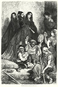 Straatmuzikanten in Sevilla (gravure) door Gustave Dore