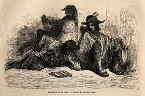 Studenten van tonijn (of tunantes) in de wijk van de Universiteit van Alcala de Henares, de eigenaardigheid van deze studenten die een luie, vrije en zwervende levensstijl hebben aangenomen is niet te studeren, schets op het leven door Gustave Dore. Gravur
