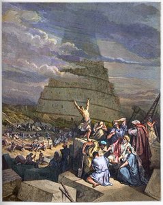 Toren van Babel - De Toren van Babel illustratie van Genesis en taalverwarring door Yahve. Rechts bespreekt koning Nimrud met de architecten - gravure in 