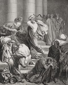 De Kopers en Verkopers uit de Tempel Verdreven, Lucas 19:45-46, illustratie uit Doré