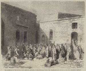 De Binnenplaats van het Huis van de Amerikaanse Minister in Deir-el-Kamar, waar de Christenen zich bevonden door Gustave Dore