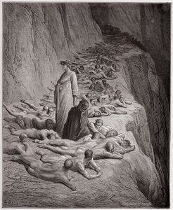 De Goddelijke Komedie (La Divina Commedia), Purgatorio, Canto 19: De zielen van de gierigen: Adrian V spreekt tot Dante - door Dante Alighieri (1265-1321) - Illustratie door Gustave Doré (1832-1883)