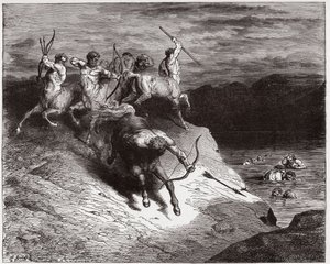 De Goddelijke Komedie (La Divina Commedia, La Divine Comedie), Inferno, Canto 12: De centauren vallen de zielen aan in kokend bloed - door Dante Alighieri (1265-1321) - Illustratie door Gustave Doré (1832-1883) door Gustave Dore