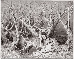 De Goddelijke Komedie, Inferno, Canto 13: De zelfmoordenaars vluchten het bos - door Dante Alighieri - Illustratie door Gustave Dore door Gustave Dore