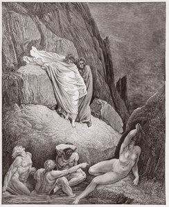 De Goddelijke Komedie (La Divina Commedia, La Divine Comedie), Inferno, Canto 18: Virgil toont Dante de schaduw van Thai - door Dante Alighieri (1265-1321) - Illustratie door Gustave Doré (1832-1883) door Gustave Dore