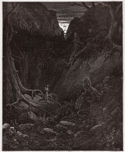 De Goddelijke Komedie (La Divina Commedia), Inferno, Canto 1: De leeuw confronteert Dante plotseling - door Dante Alighieri (1265-1321) - Illustratie door Gustave Doré (1832-1883) door Gustave Dore