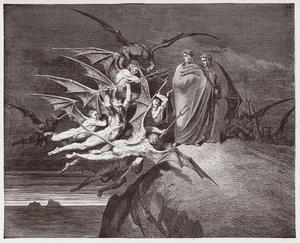Inferno, Canto 21: De demonen bedreigen Virgil (Illustratie door Gustave Doré)