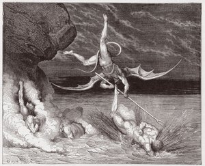De Goddelijke Komedie, Inferno, Canto 22: Ciampolo ontsnapt aan de demon Alichino in de vijfde bolgia - door Dante Alighieri (1265-1321) - Illustratie door Gustave Dore (1832-1883) door Gustave Dore