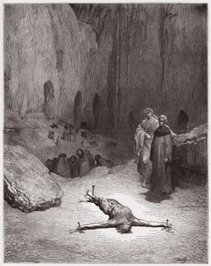 Inferno, Canto 23: Een gekruisigde Farizeeër onder de hypocrieten (Illustratie door Gustave Doré) door Gustave Dore