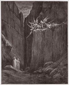 Inferno, Canto 23: De dichters ontsnappen aan de demonen van de vijfde bolgia (Illustratie door Gustave Doré)