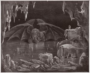 De Goddelijke Komedie (La Divina Commedia, La Divine Comedie), Inferno, Canto 34: Lucifer, koning van de hel, bevroren in het ijs - door Dante Alighieri (1265-1321) - Illustratie door Gustave Doré (1832-1883)