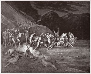 De Goddelijke Komedie (La Divina Commedia, La Divine Comedie), Inferno, Canto 3: De verdoemde zielen die zich inschepen om de Acheron over te steken - door Dante Alighieri (1265-1321) - Illustratie door Gustave Doré (1832-1883)