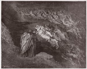 De Goddelijke Komedie (La Divina Commedia, La Divine Comedie), Inferno, Canto 5: De ziel van Francesca spreekt tot Dante - door Dante Alighieri (1265-1321) - Illustratie door Gustave Doré (1832-1883) door Gustave Dore