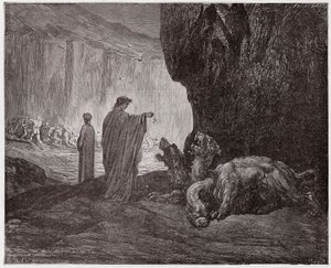 Inferno, Canto 6: Virgil voedt Cerberus in de derde cirkel (Illustratie door Gustave Doré) door Gustave Dore