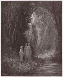 De Goddelijke Komedie (La Divina Commedia), Purgatorio, Canto 28: Dante, Virgil en Statius in het oude bos van het aardse paradijs - door Dante Alighieri (1265-1321) - Illustratie door Gustave Doré (1832-1883) door Gustave Dore