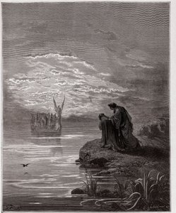 De Goddelijke Komedie (La Divina Commedia, La Divine Comedie), Purgatorio, Canto 2: Dante buigt voor de engelpiloot - door Dante Alighieri (1265-1321) - Illustratie door Gustave Doré (1832-1883) door Gustave Dore