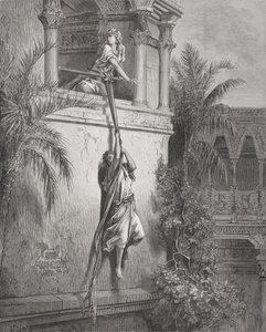 De ontsnapping van David door het raam, illustratie uit Dore