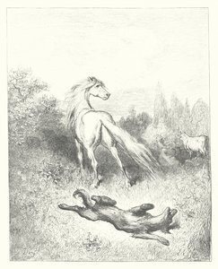 De fabels van La Fontaine: Het paard en de wolf (gravure) door Gustave Dore