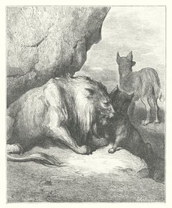 De Fabels van La Fontaine: De Leeuw, de Wolf en de Vos door Gustave Dore
