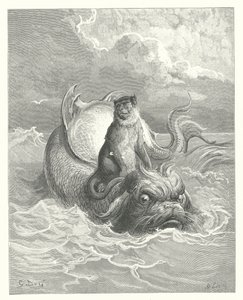 De fabels van La Fontaine: De aap en de dolfijn (gravure)