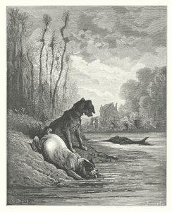 De Fabels van La Fontaine: De Twee Honden en de Dode Ezel door Gustave Dore