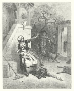 De fabels van La Fontaine: De wolf, de moeder en het kind (gravure) door Gustave Dore