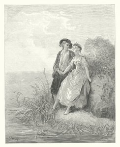 De fabels van La Fontaine: Tircis en Amaranth (gravure) door Gustave Dore