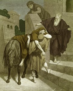 De barmhartige Samaritaan in de herberg, door Doré - Bijbel door Gustave Dore