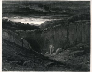 De Hel van Dante Alighieri (de Goddelijke Komedie) geïllustreerd door Gustave Dore. Franse editie van 1861. Dante en Virgil bij de ingang van de Hel: 