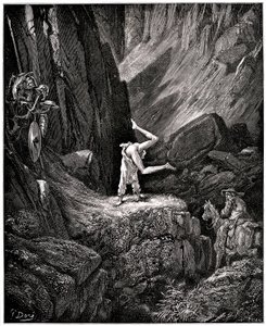 De vernuftige edelman Don Quichot van La Mancha (Quixotte - Quijote) door Miguel de Cervantes (1547-1616): de ridder met het droevige gezicht maakt cabriolen “het blootleggen van bepaalde dingen die Sancho, om ze niet te zien, zich haast om zich om te draa door Gustave Dore