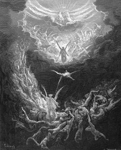 Het Laatste Oordeel. Bijbel Boek Openbaring 20:11. Illustratie door Gustave Doré 1865-1866. Houtsnede
