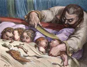 De Kleine Duim door Charles Perrault (Franse schrijver) De reus sneed zonder aarzelen de kelen van zijn dochters door (gravure) door Gustave Dore