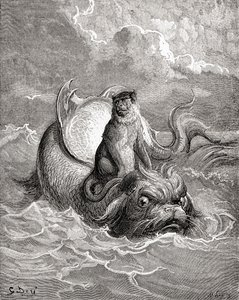 De Aap en De Dolfijn na een werk van Gustave Dore voor een La Fontaine fabel uit Leven en Herinneringen van Gustave Dore, gepubliceerd 1885 door Gustave Dore