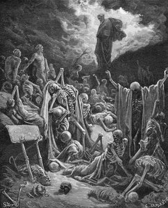 Het Visioen van de Vallei van Droge Beenderen, Ezechiël 37:1-2, illustratie uit Dore