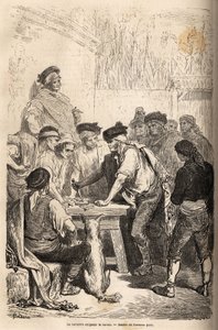 Het baratero-wapen van de navaja, dat de barato eist, een eerbetoon dat hij zich toe-eigent op het bedrag van clandestiene spellen. Tekening door Gustave Dore (1832-1883), ter illustratie van zijn reis naar Spanje in 1862, met Ch. Davillier. Gravure in 