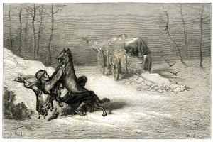 De bandiet Agostin wordt aangevallen door een wolf, nabij het dode paard nog in de kar verlaten door komedianten, of verbergt de kleine Chiquita. Gravure door Gustave Doré ter illustratie van Théophile Gautier