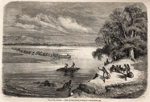 De oversteek van de Colorado-rivier per vlot, vergezeld door enkele Mohaves-indianen, tekening door Gustave Dore (1832-1883), ter illustratie van de reis van de Mississippi naar de Stille Oceaan in 1853-54 door Baudouin Mollhausen (1825-1905). Gravure in 
