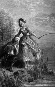 De vis en de herder die fluit speelt. Het geluid van de fluit dient als aas. Fabels van Jean de La Fontaine (1621-1695). Illustratie door Gustave Doré. door Gustave Dore