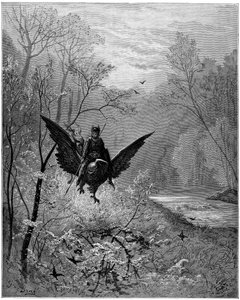 De hippoclaw, beklommen door de ridder Ruggiero, arriveert in een lachende regio - Gravure door Gustave Doré ter illustratie van 