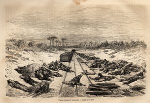 Het rustuur in Argamasilla, de vele spoorwegarbeiders liggen op het spoor, rustend in de volle zon. Gravure ter illustratie van de reis naar Spanje door Gustave Doré (1832-1883) illustrator en Baron Ch. Davillier redacteur, in 1862, gepubliceerd in 