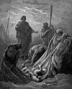 De wonderbaarlijke visvangst. Lucas: 5:6. Uit Gustave Doré