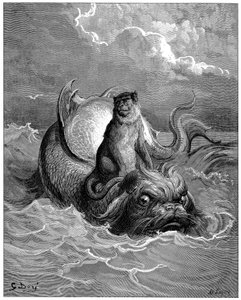 De aap en de dolfijn: fabel, Fabels door Jean de La Fontaine (1621-1695). Illustratie door Gustave Dore (1832-1883) door Gustave Dore
