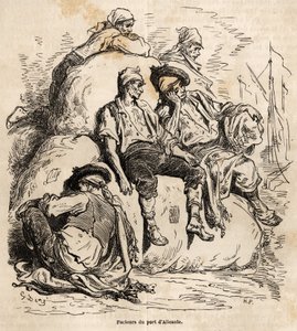De siësta van de dragers van de haven van Alicante, schets gemaakt op het levendige van Gustave Dore (1832-1883), ter illustratie van zijn reis naar Spanje, in 1862, met Ch. Davillier. Gravure in 